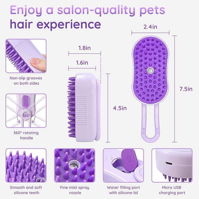 GKZ Cat Steam Brush, 3 in 1 Pet Comb for Massage, Cleaning, Shedding and Combing, Electric Mist to Prevent Flyaways for Home, Dogs and Cat Lovers - Purple