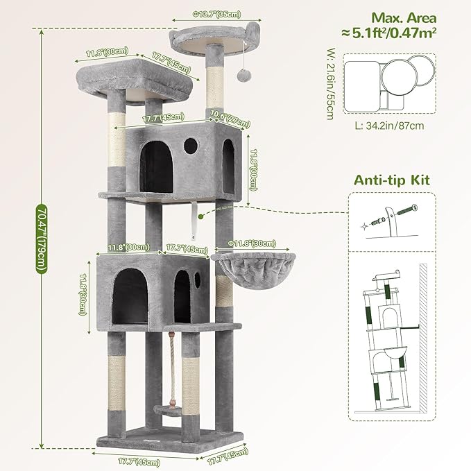 Globlazer Cat Tree, 70 inch Tall Scratching Tower Multi-Level Cat Condo for Indoor Multiple Cats with 2 Large Cat Caves, Top Perch, Large Platform, Bottom Swing, F70B, Light Grey