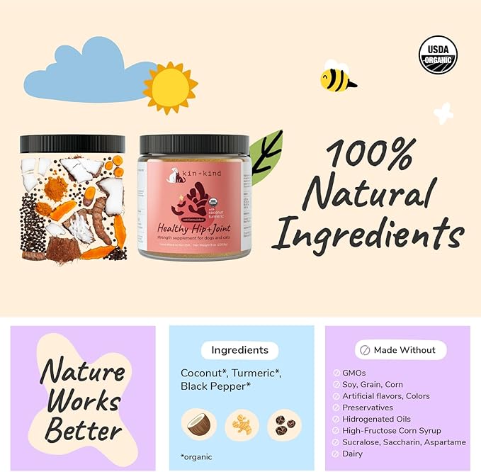 kin+kind Hip+Joint Supplement Dogs & Cats - Vet Formulated Natural Formula with Organic Turmeric, Black Pepper and Coconut- Made in USA - 8 oz (Large)