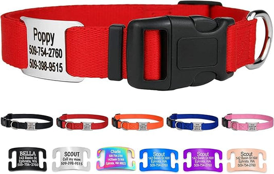 GoTags Personalized Dog Collar with Nameplate, Adjustable Dog Collar with Custom Engraved Slide On Pet ID Tag in Stainless Steel, Silent, No Noise Dog Tag for Large Medium and Small (Red, Large)