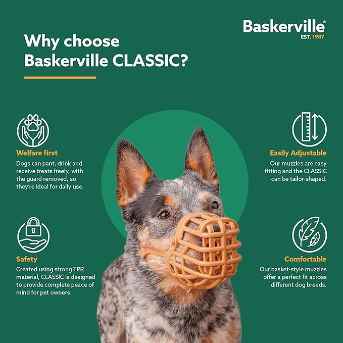 Baskerville Classic Basket Muzzle - Dog can Pant and Drink, Prevents Biting and Food Waste Scavenging, Strong TPR, Ideal for Longer Nosed Dogs, Breathable Dog Training Muzzle for Large Dogs (Size 9)