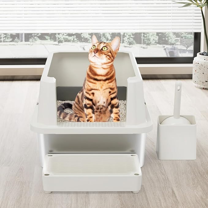 RIZZARI Stainless Steel Cat Litter Box, Semi-Closed Litter Box with High Edges, Large Odorless Litter Pan with for Small to Large Cats (Beige, 1 Pack)