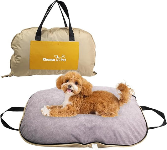 Portable Waterproof Dog Mat for Camping, Patio & Travel - Foldable Outdoor Dog Bed with Teflon Shell & Removable Plush Pad - Easy Clean, Durable - S (Khaki)