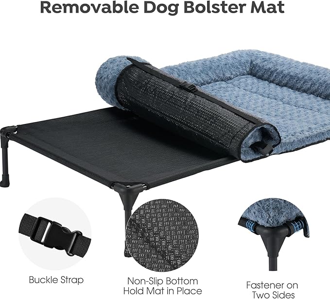 Veehoo Cooling Elevated Dog Bed Add Removable Deluxe Rose Plush Bolster Cushion Mat, 41" x 27" Washable Dog Couch Bed, Raised Pet Cot with Breathable Teslin Mesh, No-Slip Feet, Haze Blue, CWC2439B