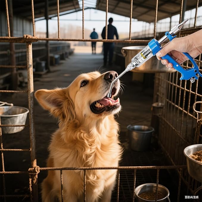 30ML Veterinary Metal Feeding Gun, Continuous Drench Gun Dosing Device Veterinary Adjustable Medicine Dispenser Husbandry Autonomous Feeding Tool, for Pig Cow, Sheep, Horse (Blue, 30ML+Kettle)