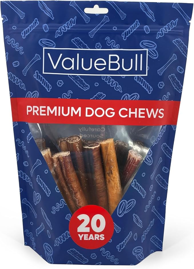 ValueBull Bully Sticks for Large Dogs, Super Jumbo 6 Inch, 25 Count - All Natural, Grass Fed, Single Ingredient, Long Lasting Dog Treats for Aggressive Chewers