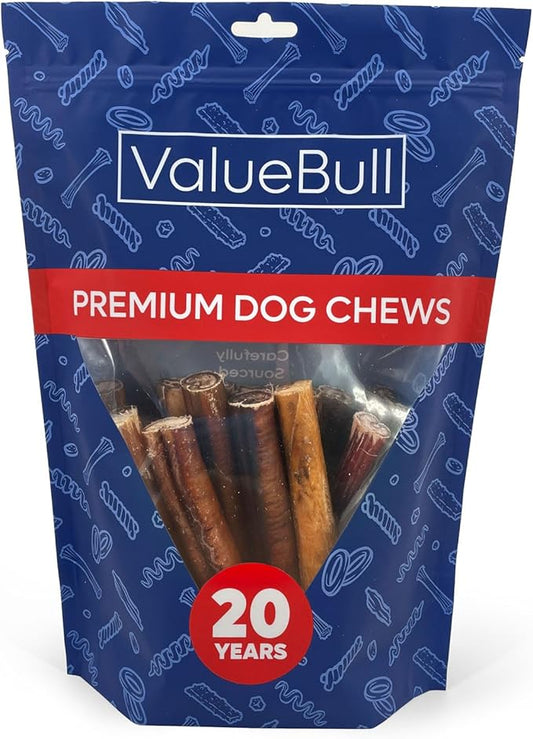 ValueBull Bully Sticks for Large Dogs, Super Jumbo 6 Inch, 25 Count - All Natural, Grass Fed, Single Ingredient, Long Lasting Dog Treats for Aggressive Chewers