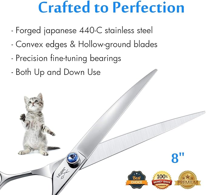 JASON 8" Curved Dog Grooming Scissors Ergonomic Pets Cats Trimming Shears with Offset Handle and a Jewelled Screw for Right Handed Groomers Long Sharp Comfortable