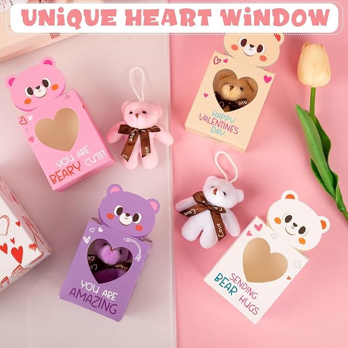 Sofier Valentines Day Gifts for Kids Classroom 27 Pack Valentines Card Boxes with Heart Window Mini Animal Toys Bears Keychains Bulk for Boys Girls Party Favor School Teacher Student