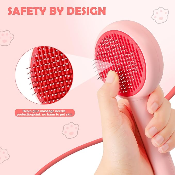 New cat brush&dog brush,pet hair brush with Self Cleaning Button Easy to remove loose undercoat，Needle-tip massage beads, no harm to the skin,Lovely Heart Series(Pink)