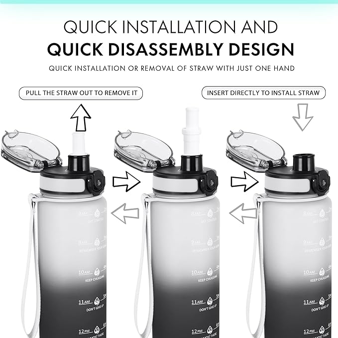 32oz Motivational Water Bottles with Time Marker & Fruit Strainer, Transparent Gradient Color Water Bottle with Times to Drink, Leakproof & BPA Free, Reusable Bottle with Strap (No Straw)