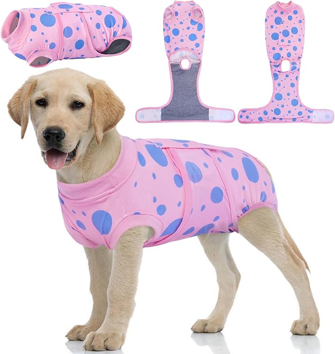 Kuoser Dog Surgery Recovery Suit, Anti Licking Pet Surgical Suit for Dogs Male Neuter, Female Dog Surgery Suit for Spay Subsititute E-Collar Cone, Dogs Body Suits After Surgery Pink Polka Dot M