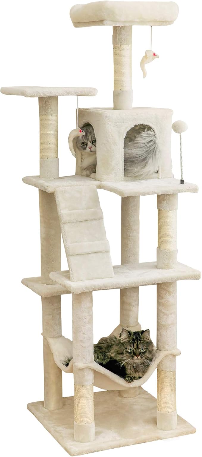 MWPO 63.8 inches Multi-Level Cat Tree for Large Cats with Sisal-Covered Scratching Posts, Padded Platform, Hammock and Condo,Stable Cat Tower Cat Condo Pet Play House-Beige
