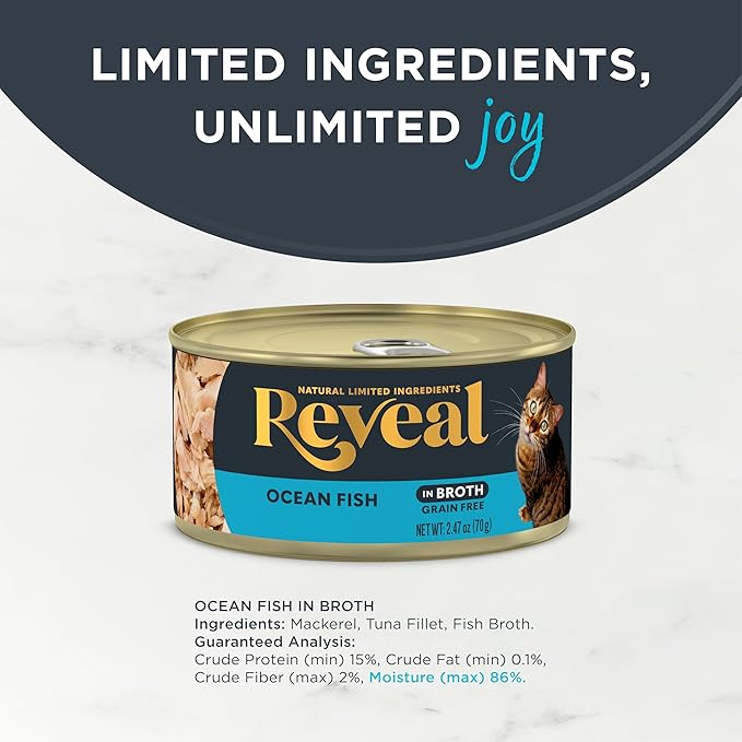 Reveal Natural Wet Cat Food, 24 Count, Grain Free, Limited Ingredient Canned Food for Cats, Ocean Fish in Broth, 2.47 oz Cans