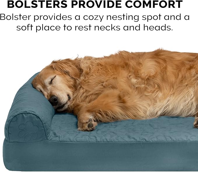 Furhaven Cooling Gel Dog Bed for Large Dogs w/ Removable Bolsters & Washable Cover, For Dogs Up to 95 lbs - Pinsonic Quilted Paw L Shaped Chaise - Bluestone, Jumbo/XL