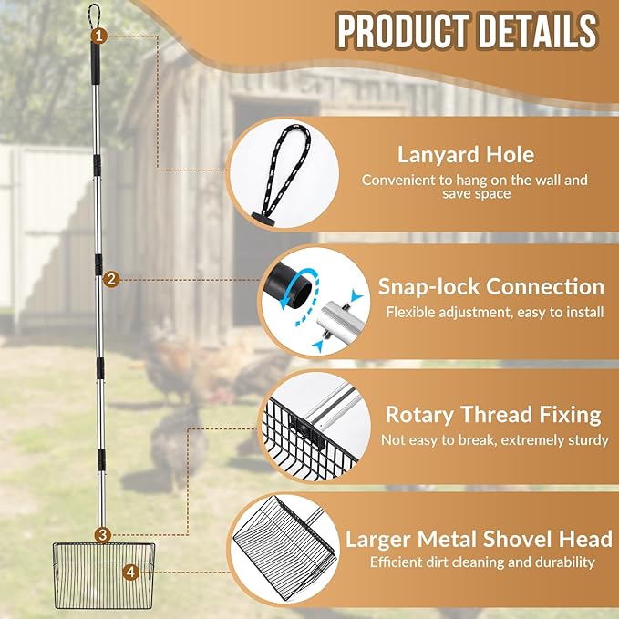 SlowTon 10-inch Large Chicken Poop Scooper - 5 in 1 Multifunctional Chicken Litter Scoop with 35 to 67in Stainless Steel Handle, Heavy Duty Chicken Coop Cleaning Tool Litter Sifting Shovel