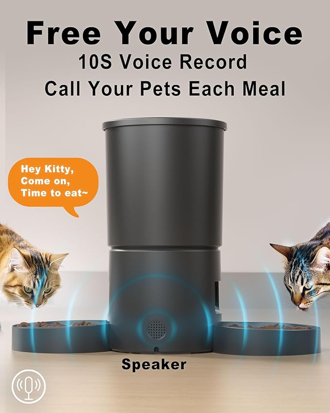 Automatic Dual Cats Feeder for 2 Cats,6 Meals/Day,12 Portions/Meal,Dual Power Auto Pet Feeder Dry Food Dispenser,Flexible Schedule Timer 10S Voice Record (Black, ABS Dual Bowls)
