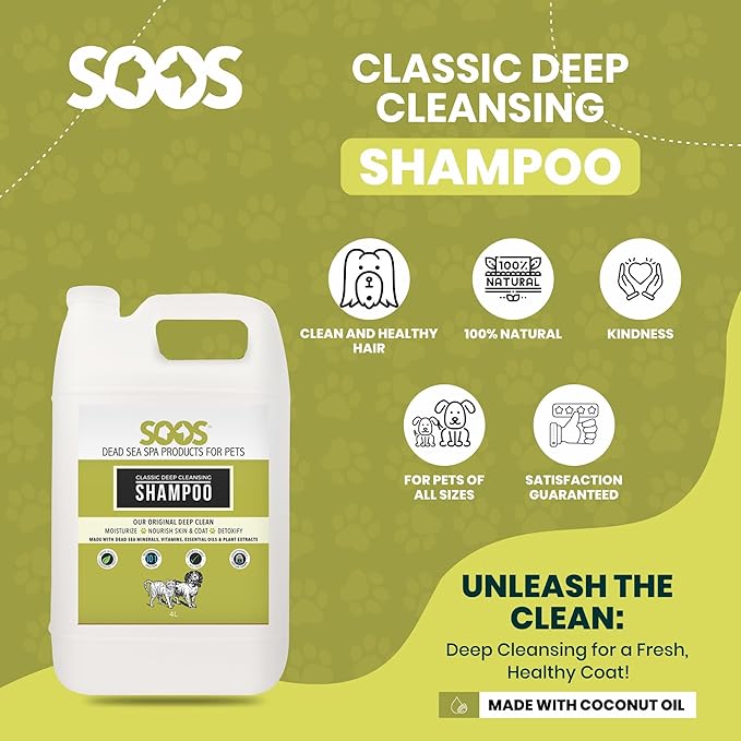 Soos Pet Classic Deep Cleansing Shampoo for Dogs and Cats Natural Dead Sea Minerals Fast Absorbing Coat with Vitamins Essential Oils Natural Ingredients - 1x (4L Gallon)