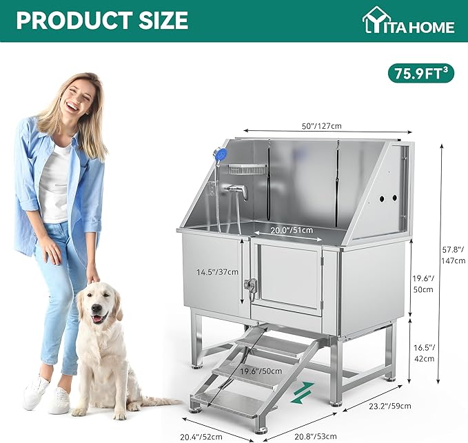 YITAHOME Professional Dog Bathtub 50in, Stainless Steel 304 Dog Bathing Station for Home, Pet Grooming Tub w/Right Stairs, Faucet, Floor Grate, Pet Washing Station for Large, Medium, Small Pets