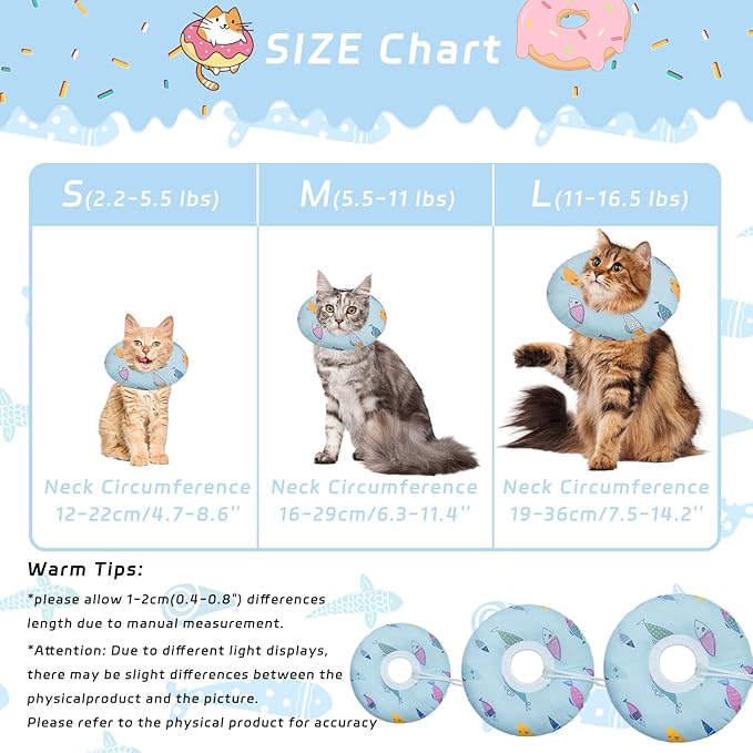 Cat Cone Collar Soft, Kitten Spay Soft Cones to Stop Licking, Cat Neck Donut Pillow After Surgery, Kittens Protective Collar After Spay, Cute Recovery Cone for Cats (Blue Fish, Small)