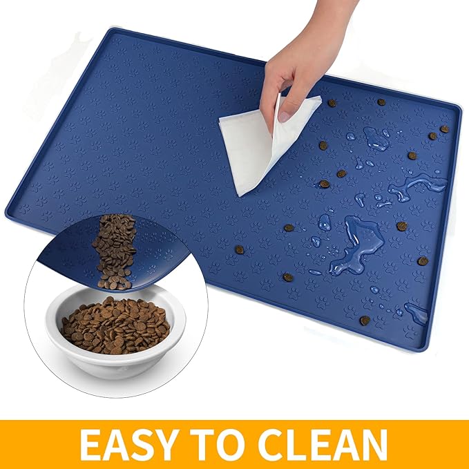 Ptlom Silicone Pet Placemat for Dog and Cat, Waterproof Anti-Slip Pet Feeding Bowl Mats for Food and Water, Small Medium Large Tray Mat Prevent Residues from Spilling to Floor, Navy Blue, 31.5" 23.6"