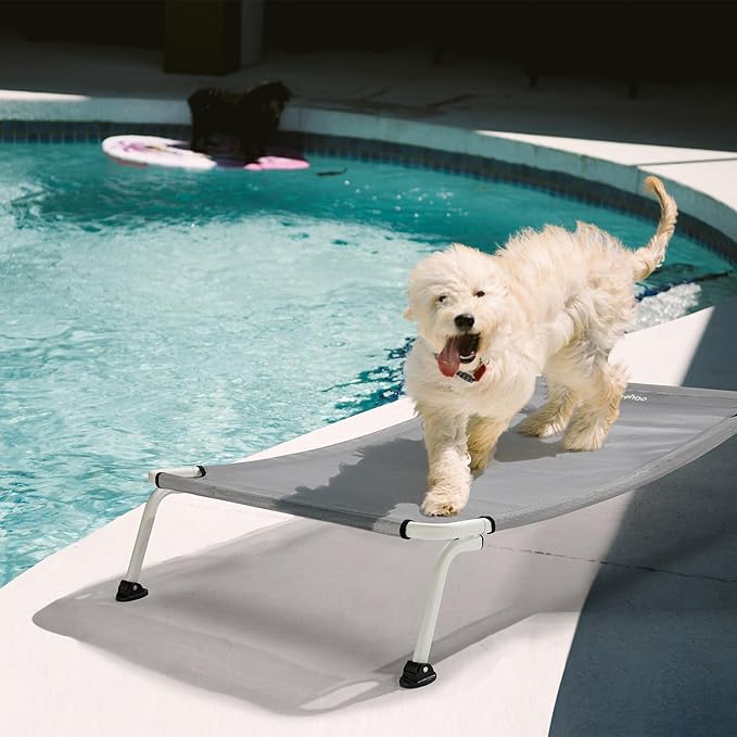 Veehoo Elevated Dog Bed for Outdoor, Cooling Waterproof Raised Dog Cots Beds for Medium Dogs, Curved Off Ground Pet Hammock Cot Lifted for Outside, up to 65lbs, White Legs, Grey 32"