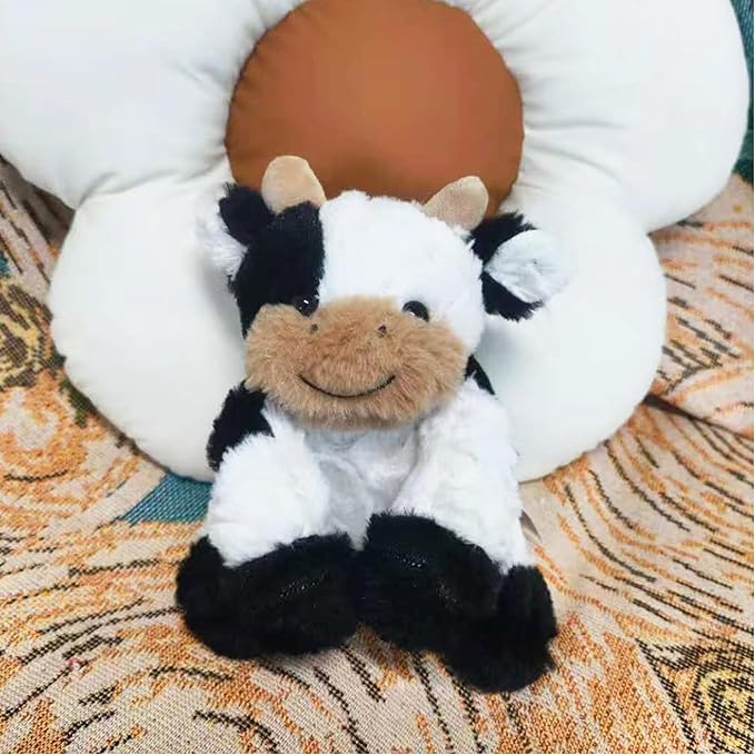 Black and White Cow Weighted Stuffed Animal 20cm/7.87in Cute Sitting Cow Plush Toy with Smile Soft Fluffy Small Farm Plushie for Kids Adults Birthday Festival Gift Bed Home Office Decor Toys