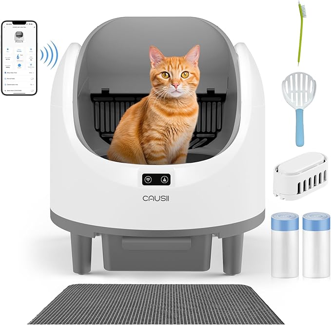 Automatic Litter Box, [Safe Anti-Pinch] CAUSII Large Capacity Self-Cleaning Cat Litter Box for Multiple Cats, App Control, Quiet & Odor-Free,for 3.5-24.2LB, with 30PCS Garbage Bags,Litter Mat