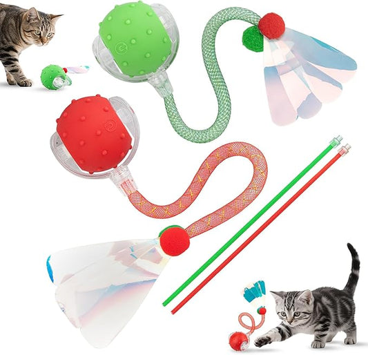 Red & Green Interactive Cat Toy Ball Combo – Automatic Agile Moving Cats Toys with 4 Tail Accessories, Bird Chirping & Motion Activated, Kitten Balls for Multi-Cat Households