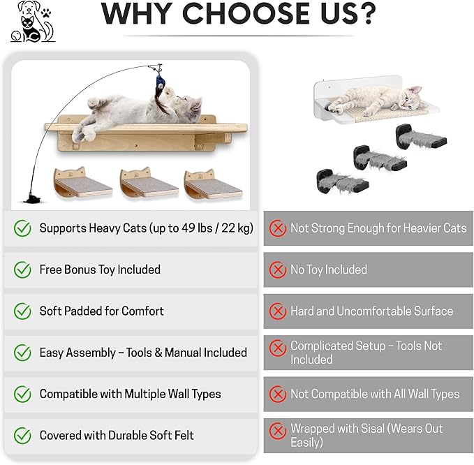 Snuggle & Play Cat Wall Shelves with Suction Cup Wand – 3 Mounted Steps, Climbing Wall Shelves and Furniture with Cat Wand