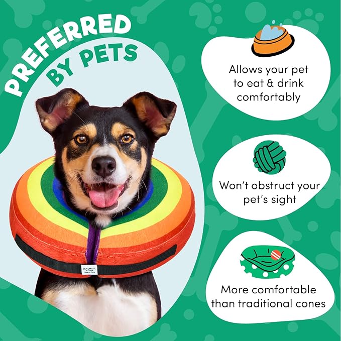 BENCMATE Inflatable Dog Cone Collar Alternative, Soft Dog Cone for Small Medium Large Dogs and Cats, Neck Recovery ECollar Donut Collar After Surgery (Large, Rainbow)