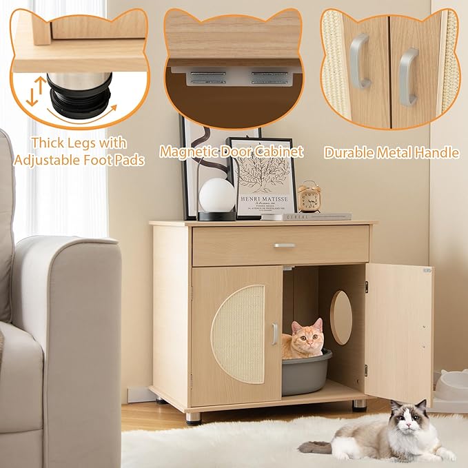Tangkula Litter Box Enclosure, Hidden Cat Washroom with Drawer, Sisal Scratching Doors, Adjustable Metal Feet, Modern Cat Litter Cabinet Storage Bench, Double Enclosed Litter Box Furniture