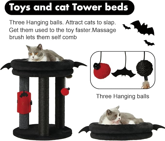 MECOOL 4in1 Small Cat Tree,Scratching Post with Tower Soft Bed, Sisal Carpet Jute Posts with Three Hanging Ball Toys and Massage Brush for Indoor Cats and Kittens