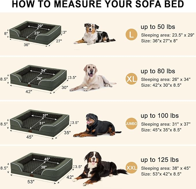 Orthopedic Dog Beds for Large Dogs, Waterproof Memory Foam Dogs Bed with Sides, Non-Slip Bottom and Egg-Crate Foam Big Dog Sofa with Removable Washable Cover(Large,Dark Green)