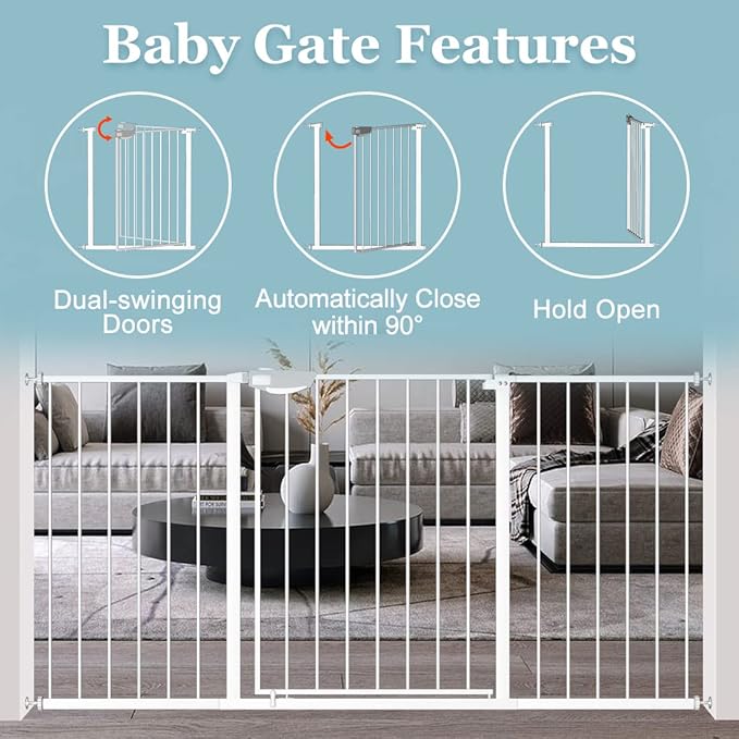 WAOWAO Triple Lock Baby Gate Extra Wide 35.04-38.97" Pressure Mounted Walk Through Swing Auto Close Safety White Metal Dog Pet Puppy Cat for Stairs,Doorways,Kitchen