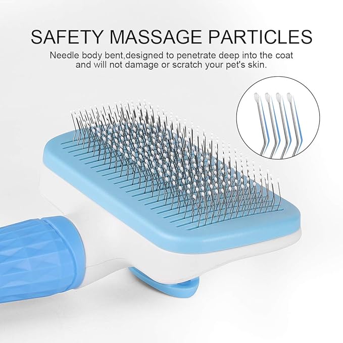 Self Cleaning Slicker Brush,Dog Brush & Cat Brush with Massage Particles,Removes Loose hair & Tangles,Skin Friendly & Promote Circulation-Blue 1