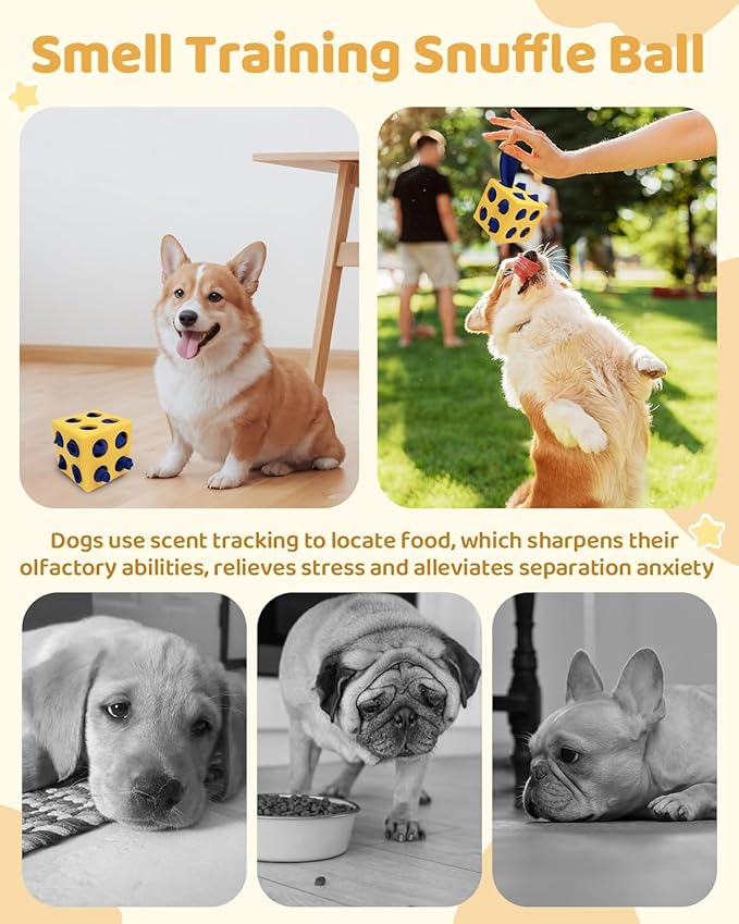 Interactive Puzzle Dog Toy Encourage Natural Foraging Skill, Durable Dog Enrichment Toy Snuffle Cube Cloth Strip with Hide & Seek Food, Slow Feeder for Mind Stimulate & Stress Relief (Yellow)
