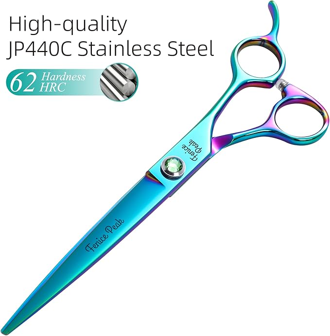 Fenice Peak 7.5'' Green Straight Dog Grooming Scissors Pet Shears with Ergonomic Offest Handle and Simulated Emerald Screw 440C Grooming Scissors Trimming Shears Durable and Sharp