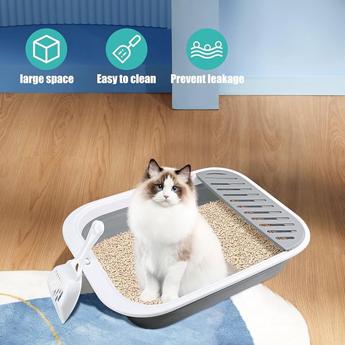 Cat Litter Box for Travel, 18"×14" Grey Small Litter Box for Open Foldable Waterproof Litter Pan,Kitty Litter Box Easy to Clean and Assemble, Portable Litter Box with Scoop