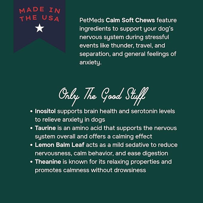 PetMeds Calm Supplement for Dogs - Anxiety & Stress Relief with Vitamins, Theanine & Lemon Balm - Supports Dogs During Travel, Thunder & Separation - Beef & Sweet Potato Flavor - 60 Soft Chews