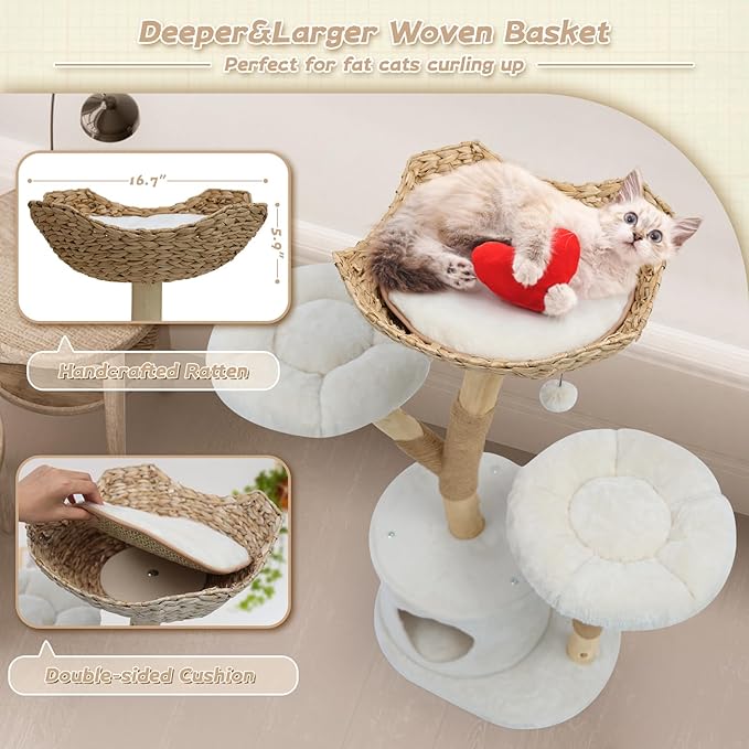 Modern Cat Tree Tower, Solid Wood Multi-Level w/ 2 Flower Perches, Scratching Post, Hanging Ball - Luxury Boho Cat Furniture w/Condo & Wicker Basket for Indoor Cats