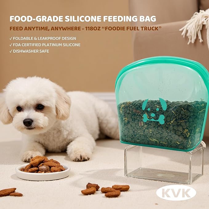 KVK Extra Extra Large Silicone Dog Food Mat 39.4×43.3in and 128oz Silicone Bag Set, Super Size Waterproof Pet Feeding Mat & Container, Non-Slip, Chew-Resistant Floor Protection (Cool Grey&Teal)