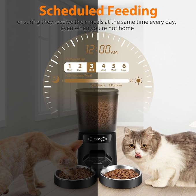 Automatic Cat Feeders for Two Cats, 5L/20 Cups Double Automatic Cat Food Dispenser with 2 Stainless Bowls, Timer Setting 20 Portions 6 Meals Per Day, 10s Meal Call, Pet Feeder for Dog (Black)
