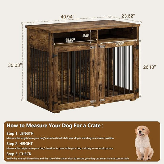 Furniture Dog Crate for 2 Dogs, 41 Inch Dog Kennel Furniture with Removable Divider and Shelf Storage, Wooden Dog Crate for Small/Medium Dogs, Rustic Brown