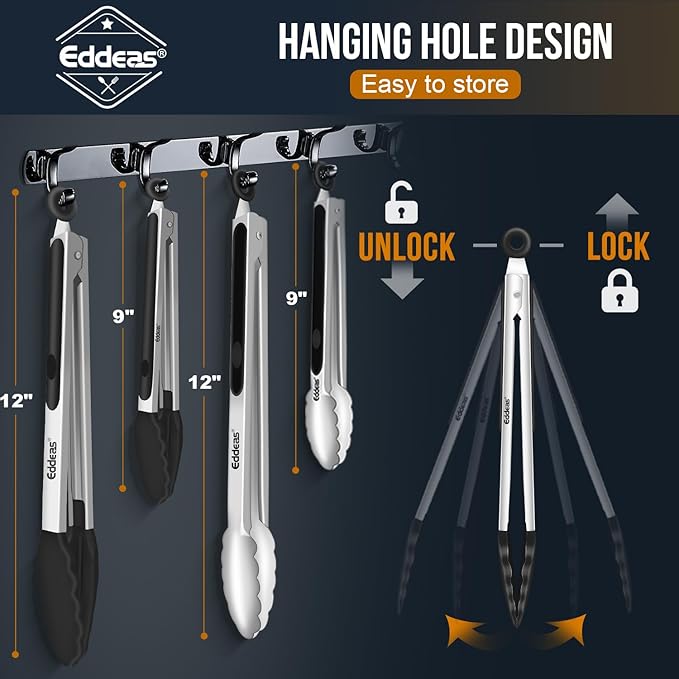 4 Pack Tongs For Cooking, Heat Resistant 600 Degrees 9",12" Stainless Steel Locking Metal Tong & 9",12" Kitchen Tongs with Silicone Tips, Non-Slip Food Silicone Tong, Heavy Duty, Non-Stick