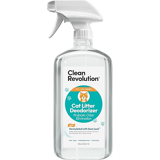 Clean Revolution Cat Litter Deodorizer Spray – 18oz, Probiotic Odor Elimination with DustLock™, Fragrance-Free, Extends Litter Life, Non-Toxic, Safe for All Cats, Made in USA