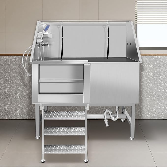 50" Dog Washing Station, Professional Stainless Steel Dog Bathing Station, Equipped/W Three Anti-Slip Steps, Removable Door, Upgraded Spray Nozzle&Hose - for Home, Pet Grooming Salon (50" Left ramp)