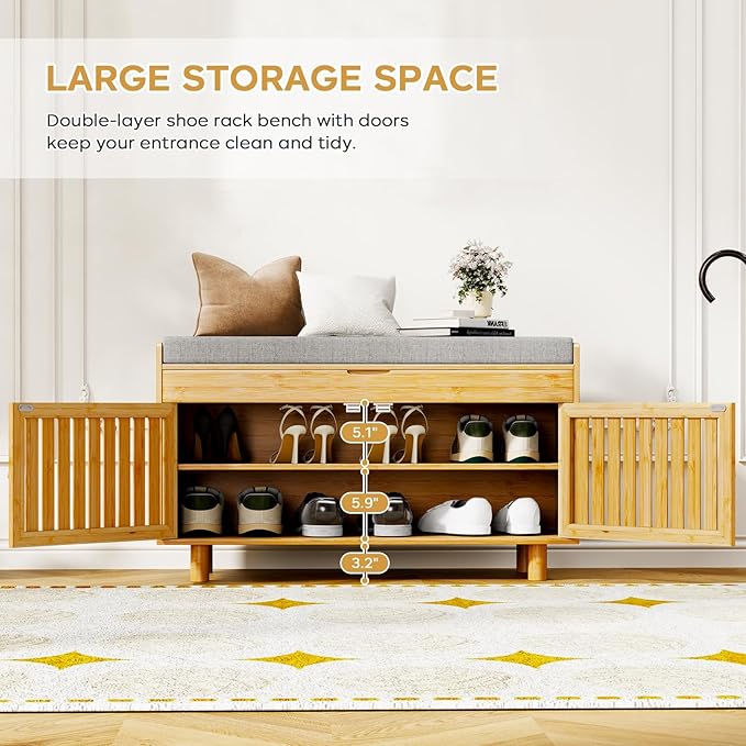 Shoe Storage Bench, Bamboo Entryway Bench with 2 Doors & Padded Seat Cushion, 35.4" W x 12.6" D x 19.7" H, 2-Tier Shoe Rack with Lift Top Hidden Storage, for Entryway, Living Room, Bedroom, Natural
