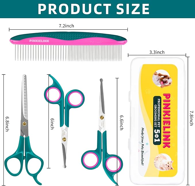 Professional 5 in 1 Pet Grooming Kit - Stainless Steel Dog & Cat Grooming Scissors with Rounded Tip Blades for Safe Fur Trimming, Thinning Shears, Straight Scissors, and Pet Comb (Green 5 in 1)