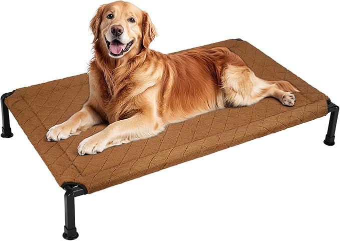Veehoo Soft Plush Elevated Dog Bed, Raised Dog Beds with Heavy Duty Frame, Non-Slip Silicon Feet, Washable & Breathable Pet Cot for Indoor or Outdoor Use, 47" x 29", Brown, CWC2432A